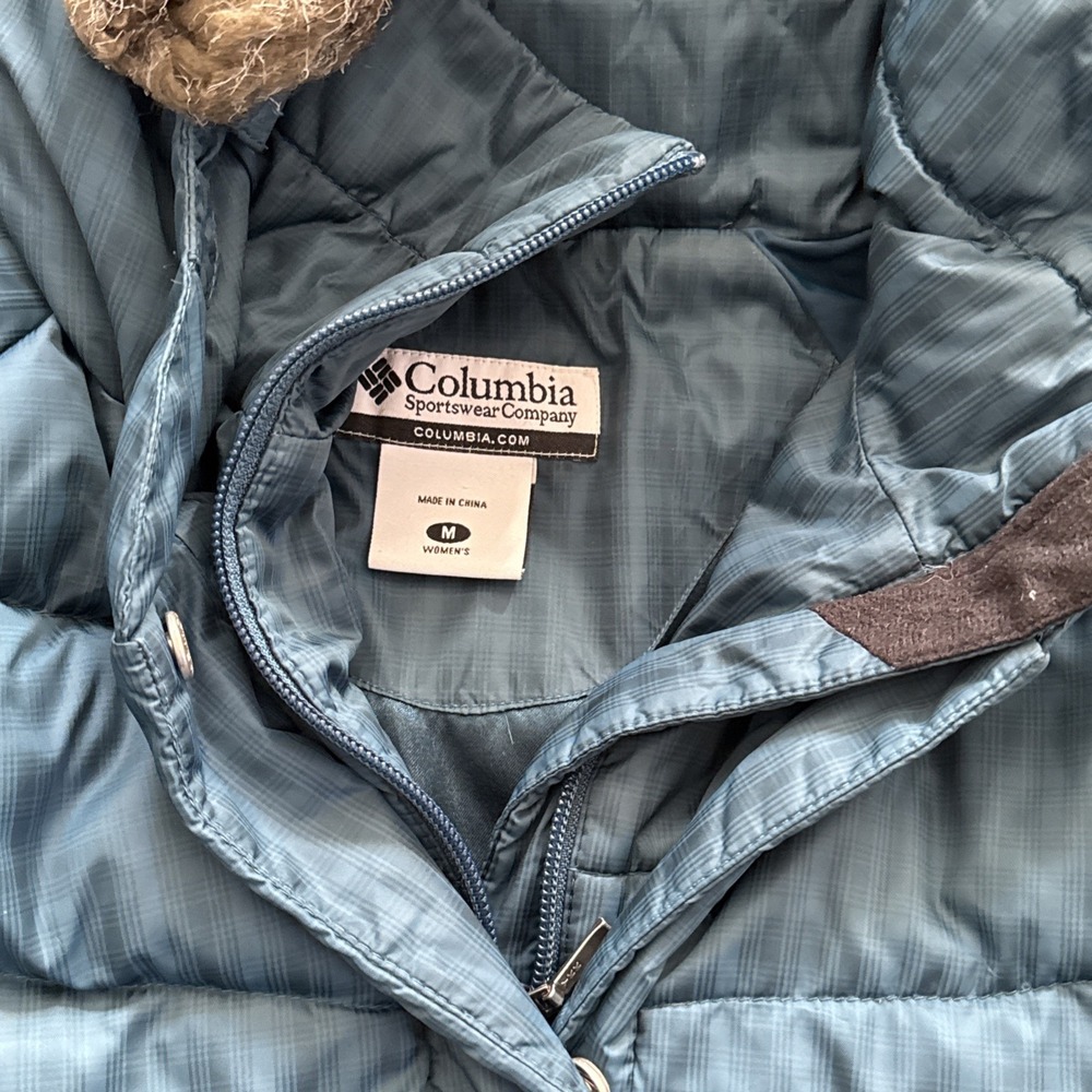 Columbia Down Puffer Jacket Women Medium Omni Shield Blue Hooded Faux Fur Trim - Picture 3 of 15